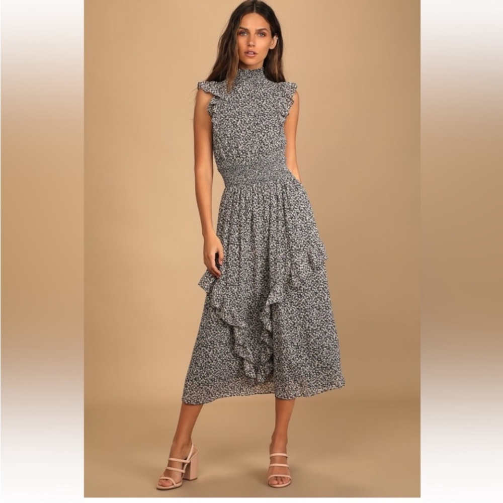 Lulu's Black and White Asymmetrical Ruffled Midi Dress